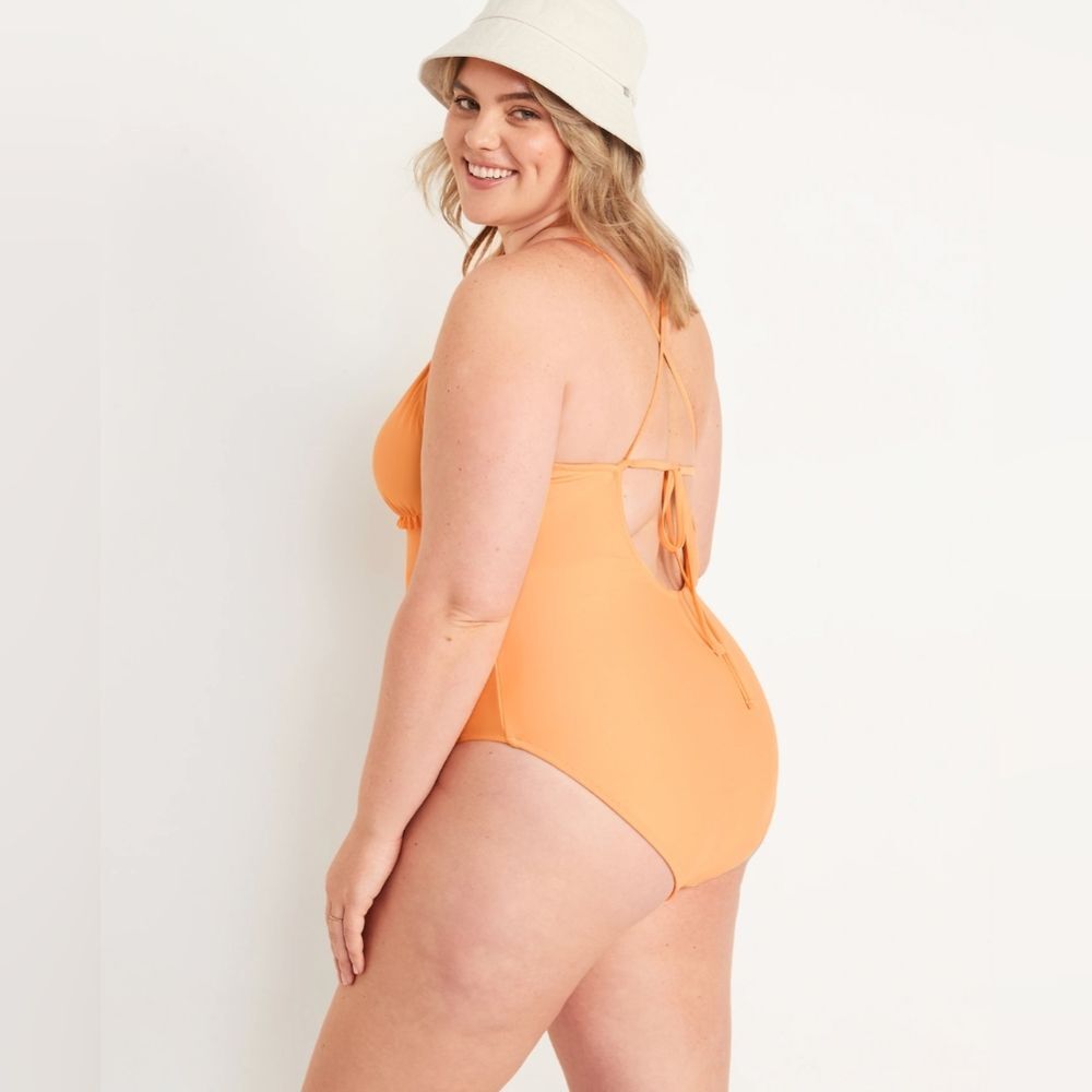V-Neck Ruffle-Trim Cutout One-Piece Swimsuit in Mango Sorbet - Old Navy (M + 2X) - Picture 7 of 16